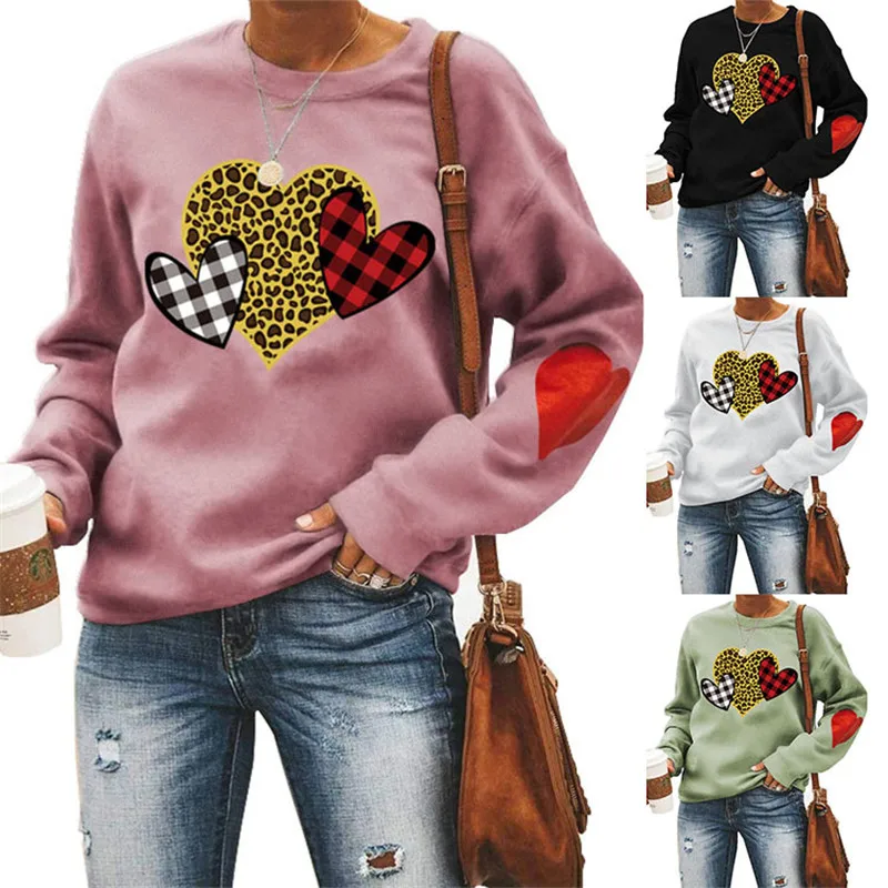 Ladies Love Sweater Three Love Sports Loose Casual Sweater Love Arm Print Fashion Valentine's Day Leopard Print