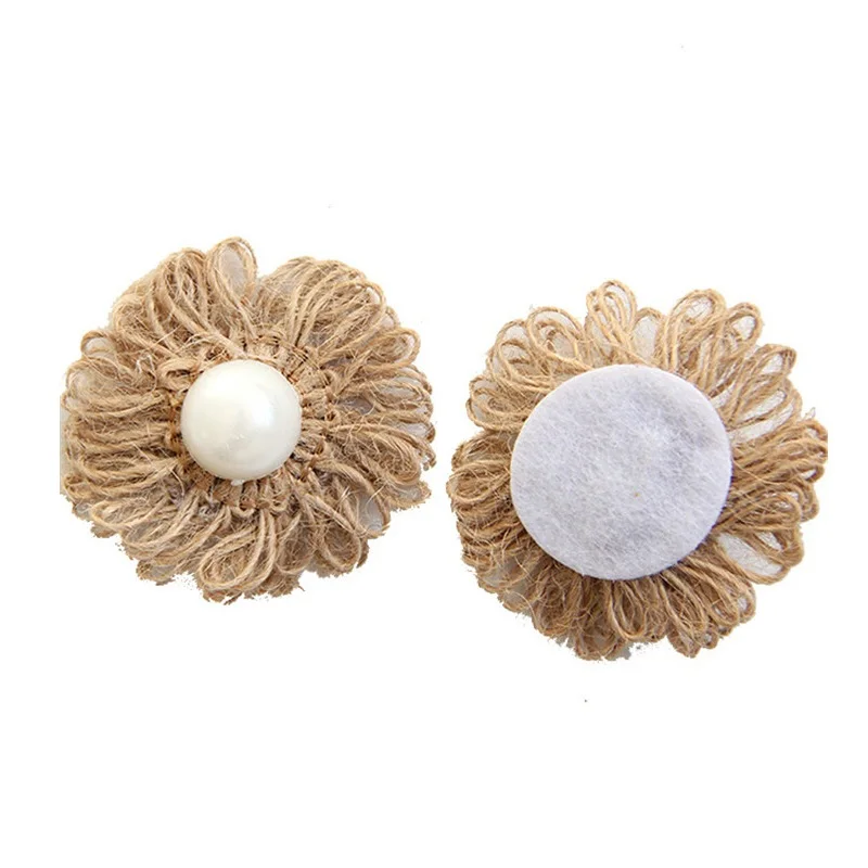 

5pcs Handmade Burlap Flowers Artificial Pearl Beaded Jute Rope Flowers for Home Decor Wedding Centerpieces Party Decoration Rose