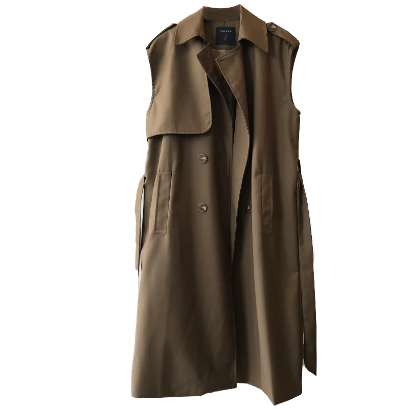

2020 New Korea-style Women Sleeveless Trench Coat Medium-long Solid Color Double Breasted Female Vests Casual Outwear with Belt