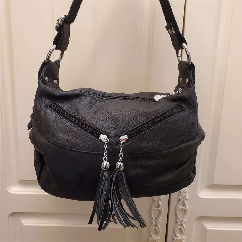 

Vintage Women's Bag Leather Top Layer Cowhide Tassel Pendant Two-way Zipper Bag Fashion Leisure Practical Single Shoulder Bag