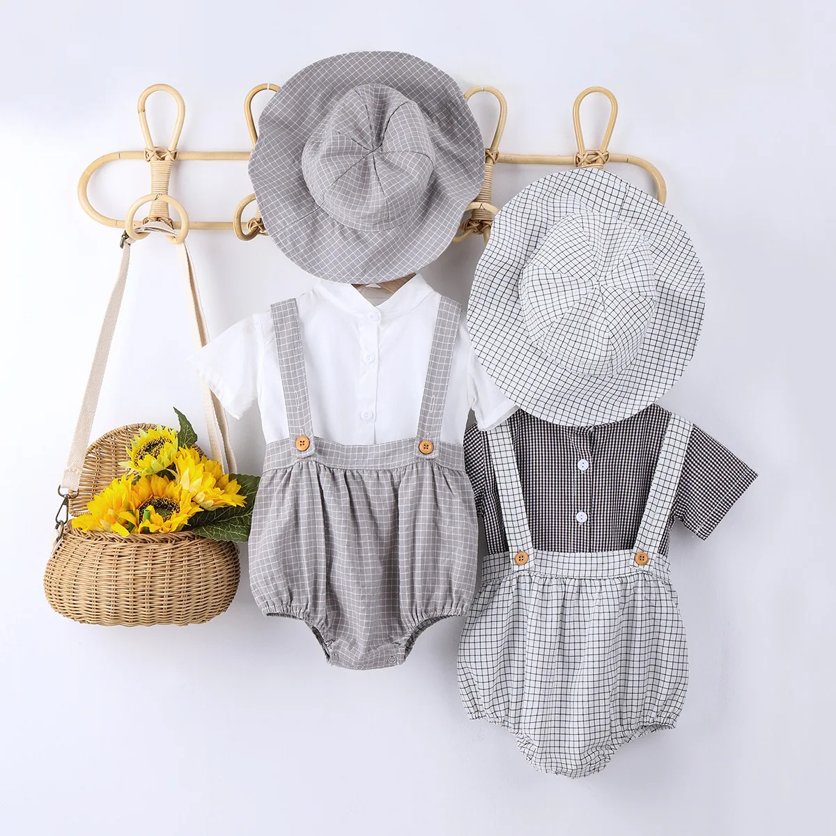 

Cotton Summer Newborn Baby Boy Outfits Suit Short Sleeve T-shirt Tops + Plaid Strap Romper + Hat 3Pcs Kids Fashion Clothes 0-24M