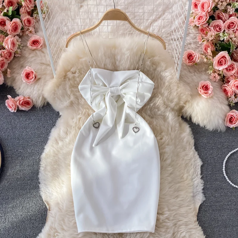 

Women Sexy Short Spaghetti Strap Dress New Girls Summer Backless Bowknot Slip Dress Ladies Hip Bag Sleeveless Dress