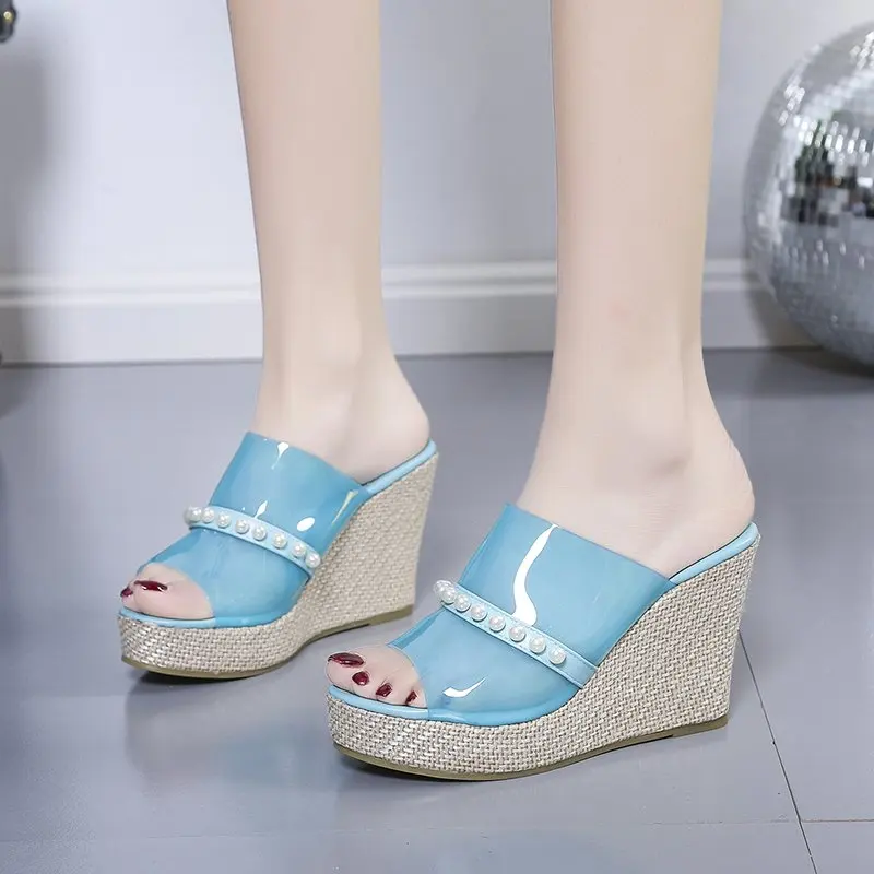 Big Size 42 High Heels 10CM Platform Heightening Wedge Women Shoes Mules Talons Feminino Peep Toe PVC Transparent Clear Slippers