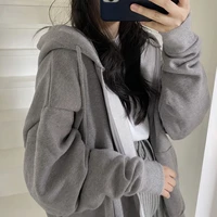 korean version loose hoodies women long sleeve zip up solid pocket oversized sweatshirts thin harajuku hooded coat top female