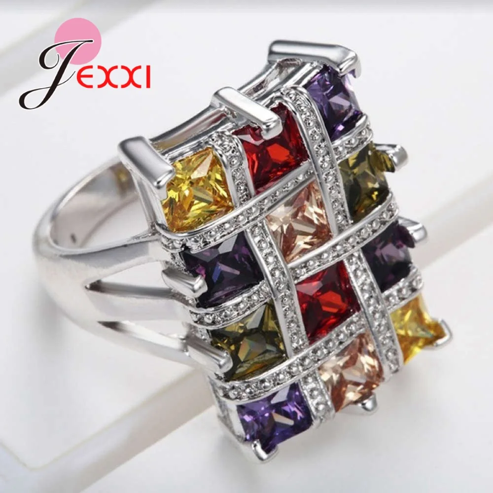 Colorful Hyperbole Trendy 925 Sterling Silver Square Cubic Zircon Rings For Women Girls Jewelry Fashion Engagement Gift | Украшения и