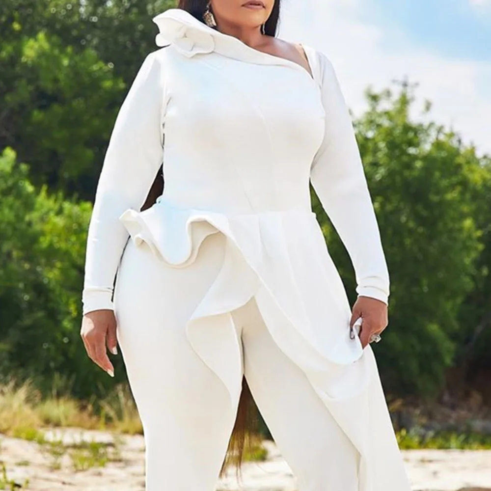 

Plain White Full Length Jumpsuits High Waist Long Sleeve Plus Size Women One Piece Rompers Ruffle Party Club Dinner Overalls 3XL