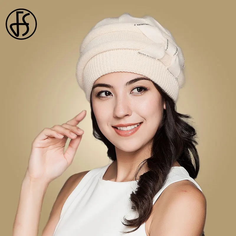 Beige Knit Hat FS, женские вязаные шапки, зимние, красные, бежевые, утолщенные, элегантные, повседневные, из кроличьей шерсти, шапка, женские, Skullies Beanies для дам, Gorros Invierno - Цвет: Beige Knit Hat