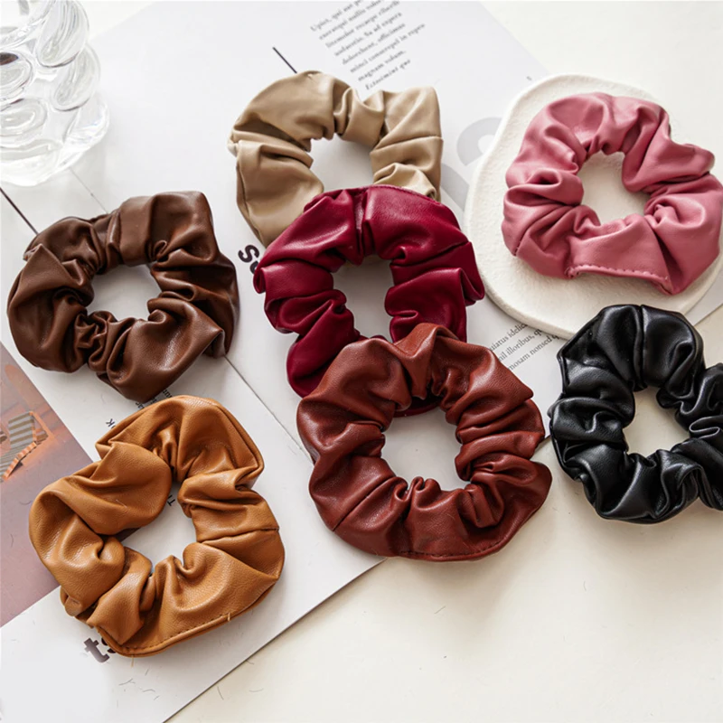 

Fashion PU Leather Scrunchies Solid Rubber Bands Women Girls Retro Korean Elastic Hair Bands Ponytail Hold Hair Accessories