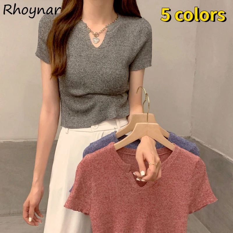 

Женские облегающие футболки, простые универсальные удобные популярные летние стильные футболки с V-образным вырезом и коротким рукавом, же...