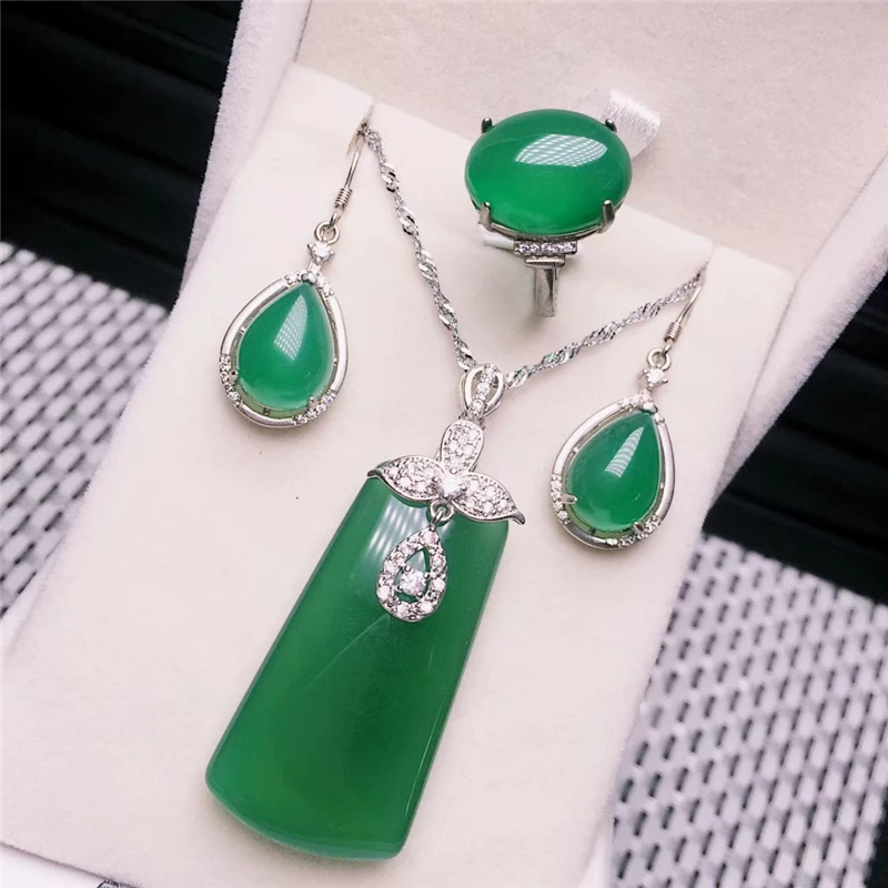 

JADERY FINE JEWELRY 925 STERLING SILVER JEWELRY SETS NATURAL GREEN JADE NECKLACE EARRINGS RING PARTY SILVER JEWELRY CHRISTMAS