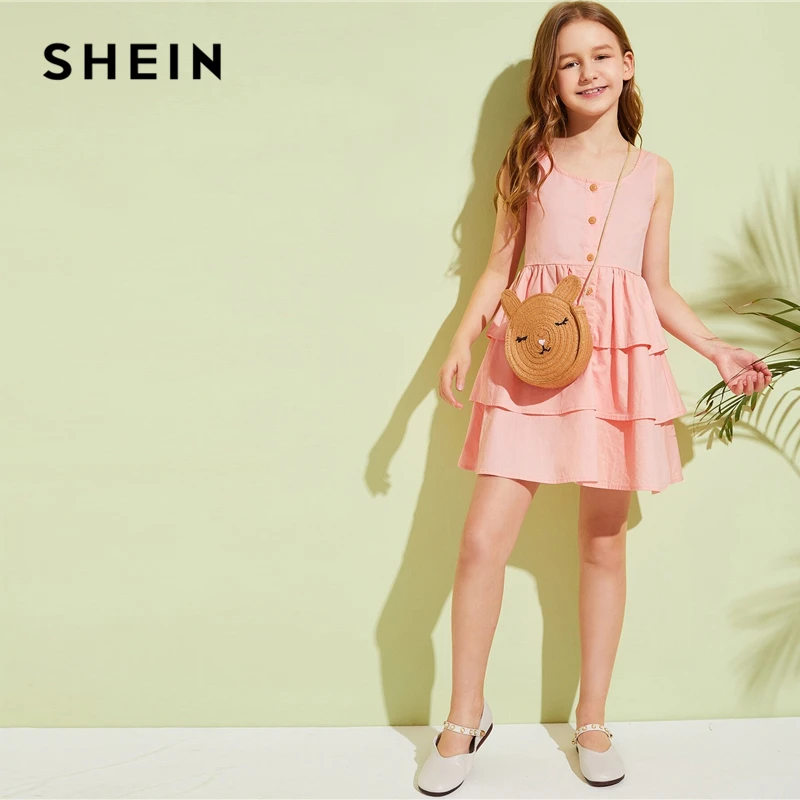 SHEIN детское короткое платье для девочек-подростков с оборками и пуговицами спереди, летние многоуровневые платья для девочек