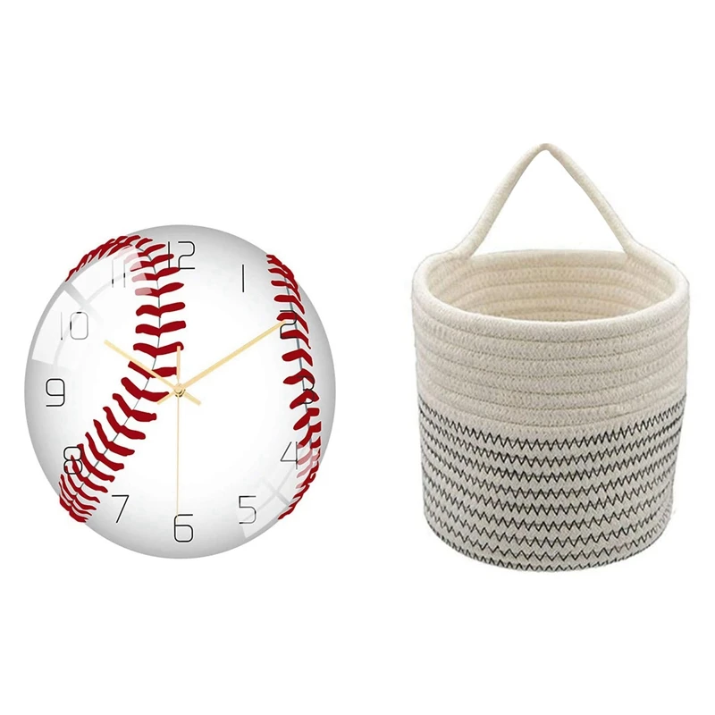 

1 Pcs Wall Rope Baskets Cotton Rope Baskets Woven Baskets & 1 Pcs Baseball Acrylic Silent Wall Clock Bedroom Alarm