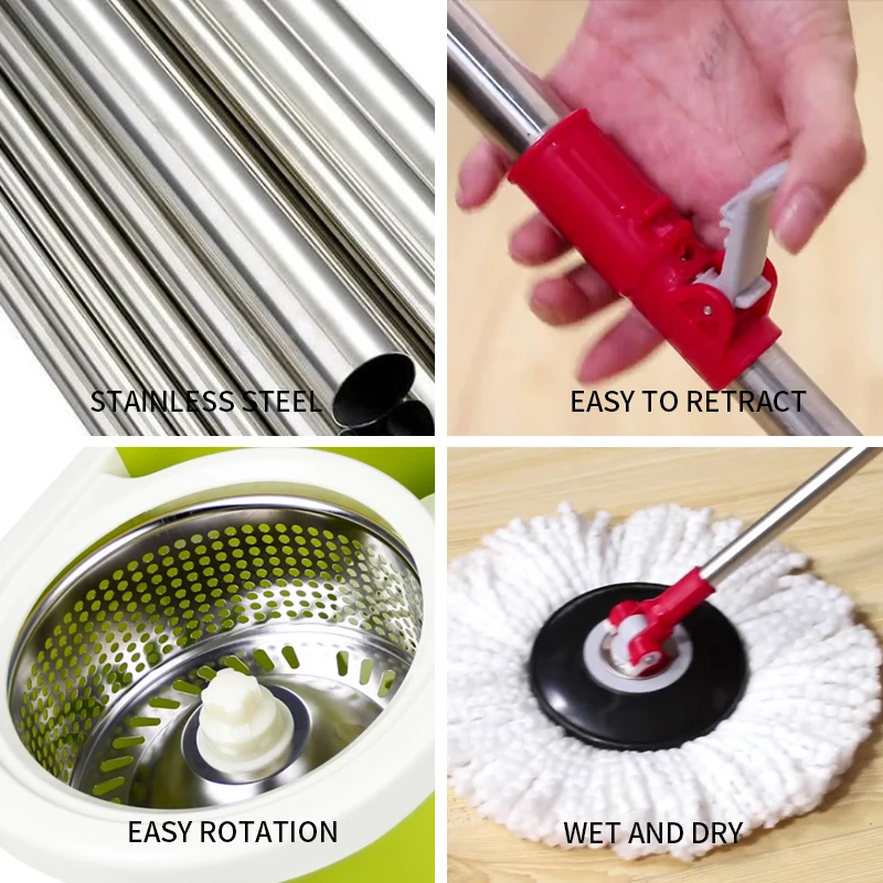 

Magic Microfiber Free Hand Stainless Steel Cleaning Floor Bucket Rotary Mop Self Wet Spin-Dry System Supplier