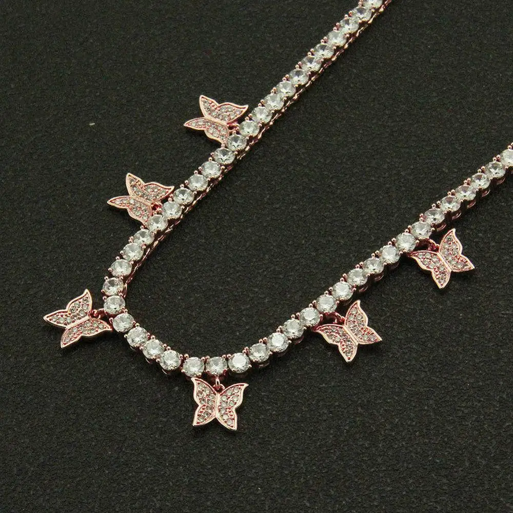 

Hip Hop Jewelry Tennis Chain with Butterfly Pendant Tennis Chain with Cz Butterfly Iced Out Necklace White Pink Stone Necklace