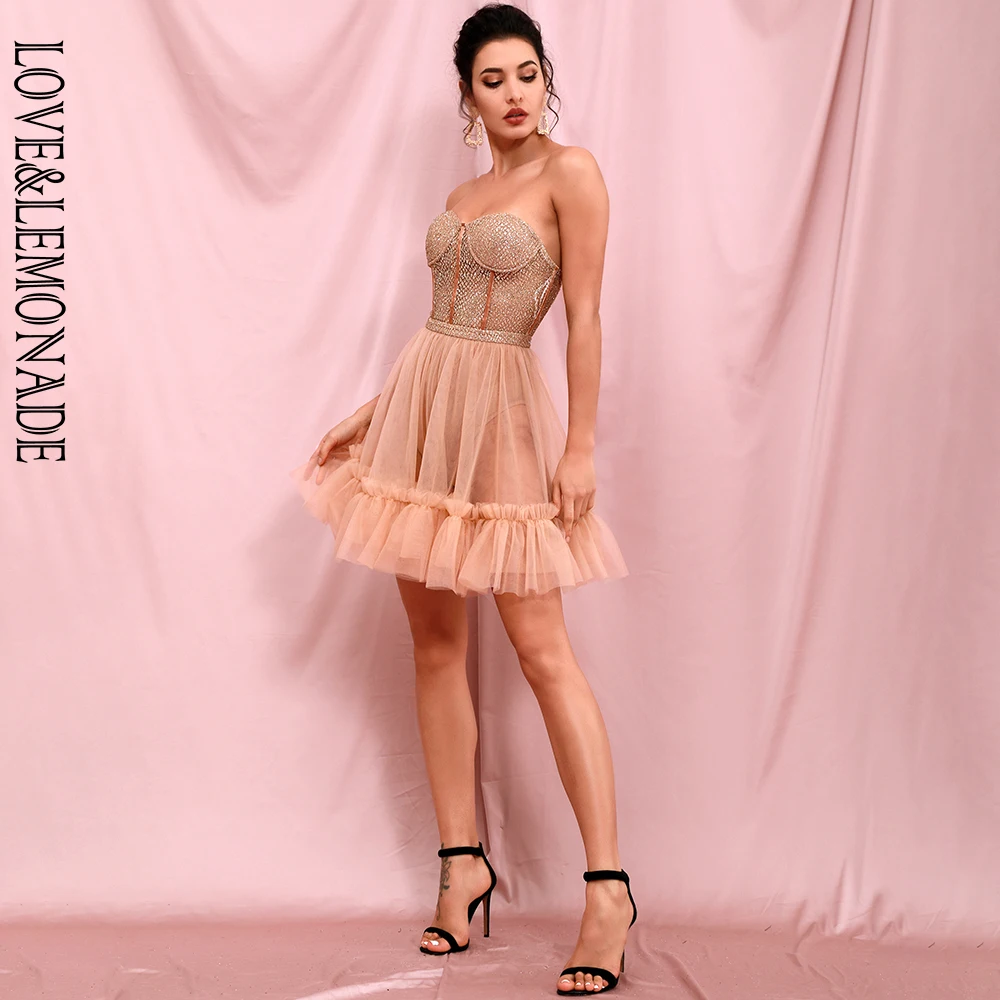 Женское мини-платье LOVE &amp LEMONADE золотистое прозрачное Сетчатое Пышное вечерние