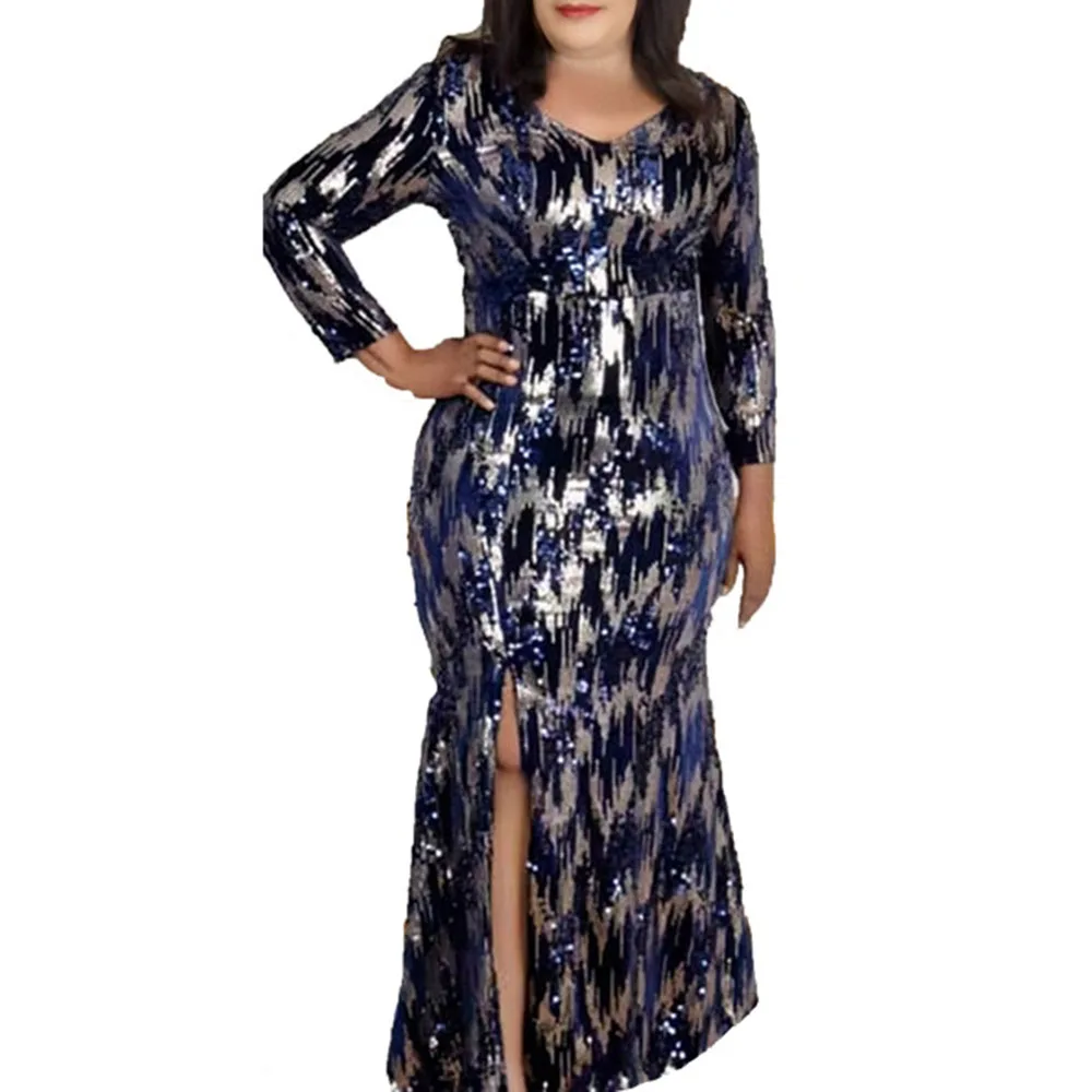 

Europe America New Autumn 2021 Sequins Split Fork High Waist V-neck Long Sleeve Women's Dress Mermaid Fashion Temperament