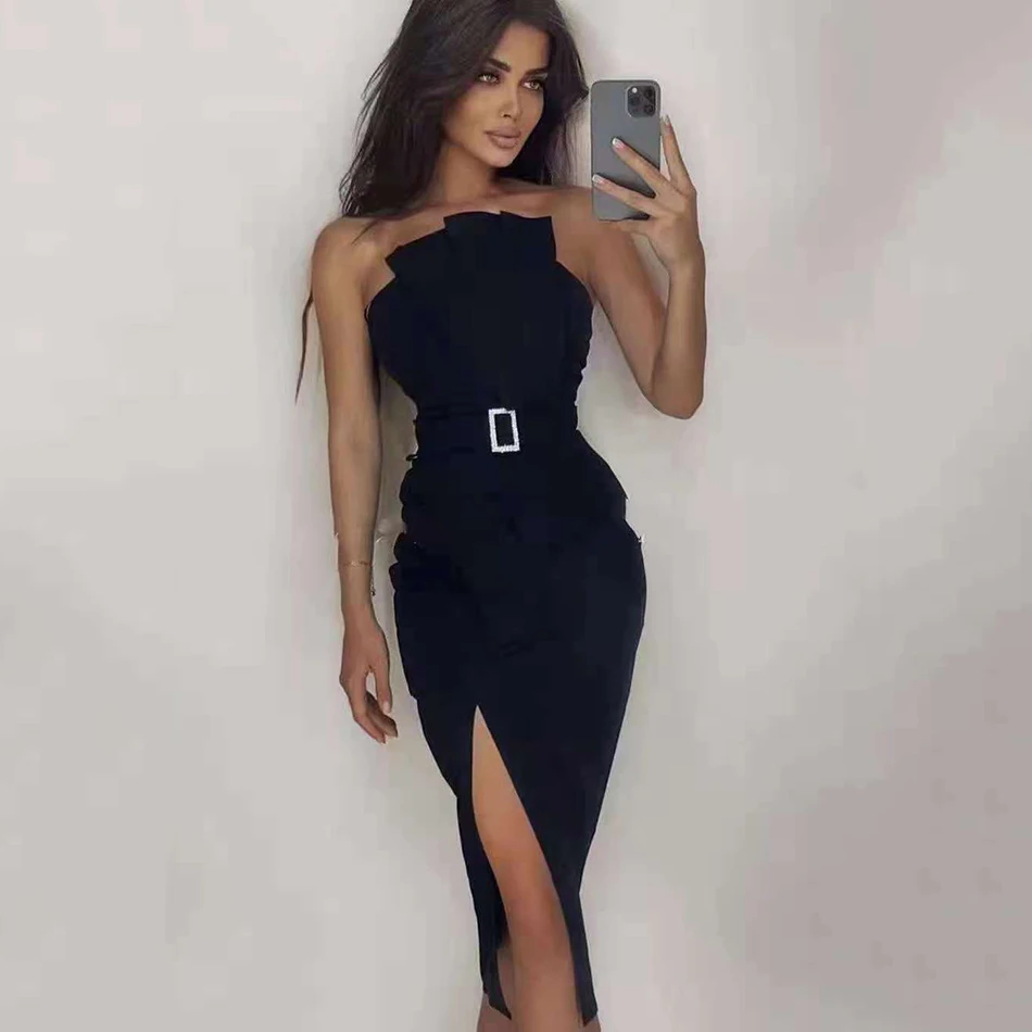 

2021 new fashion female summer chic new bandage dress design sexy belt split strapless celebrity party club mid-length dress