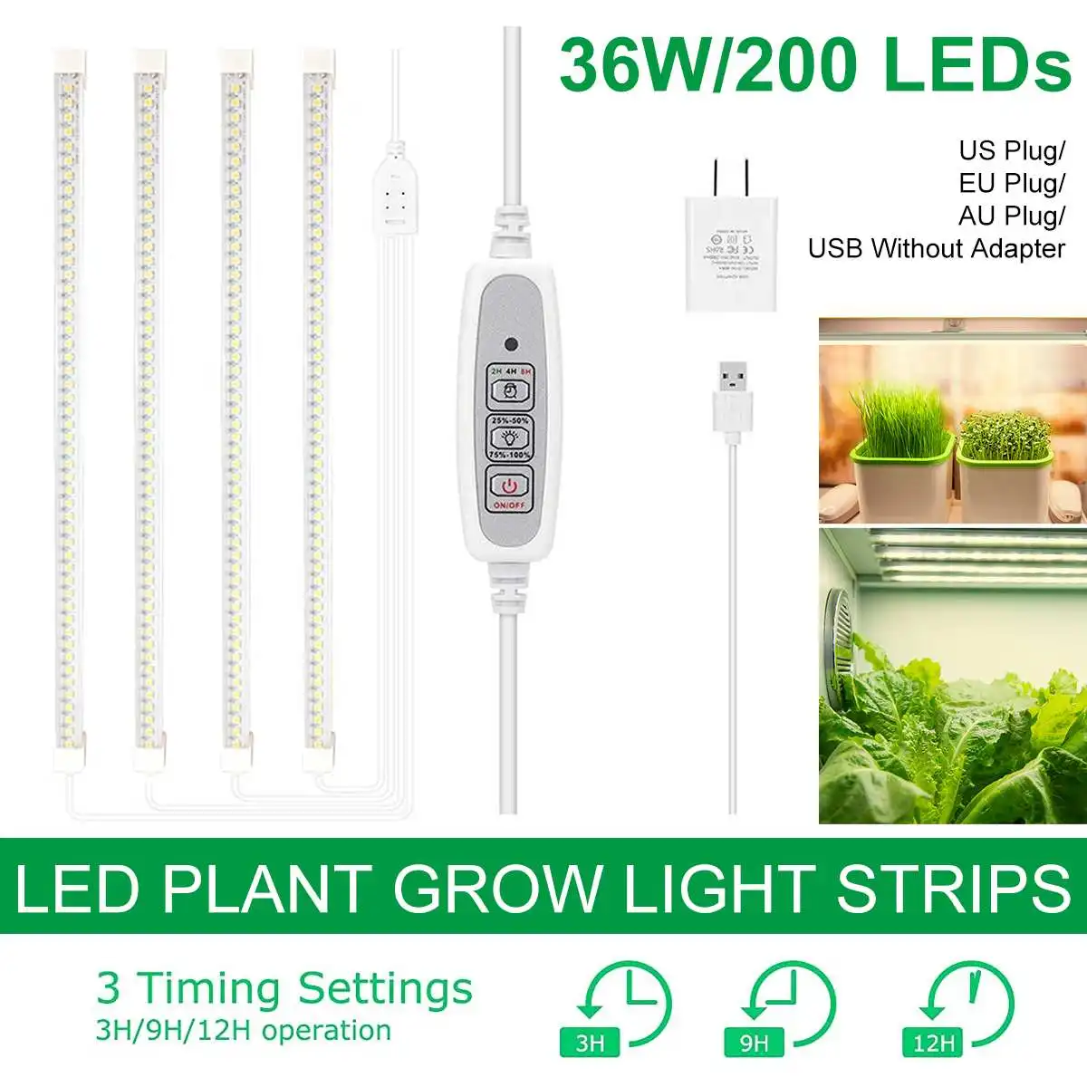 

4pcs LED Grow Light Strips Full Spectrum Timer Warm White Led Bars For Plants Phyto Lamp Phytolamp Grow Tent With Power Adapter