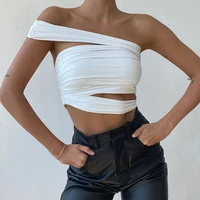 personality one shoulder tight vest retro solid color irregular crop tops for women streetwear fashion camis white corset top