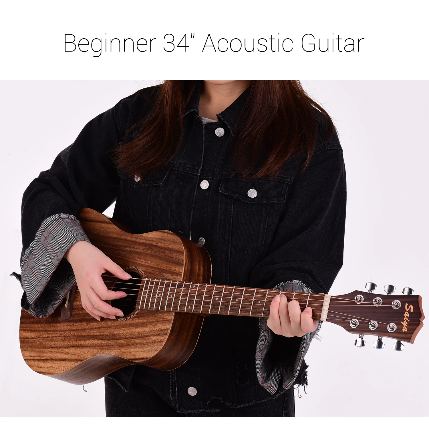

Acoustic Guitar 34 Inch Teakwood Material Guitar with Gig Bag Strap Spare Strings Capo Picks Guitars Kit for Beginners