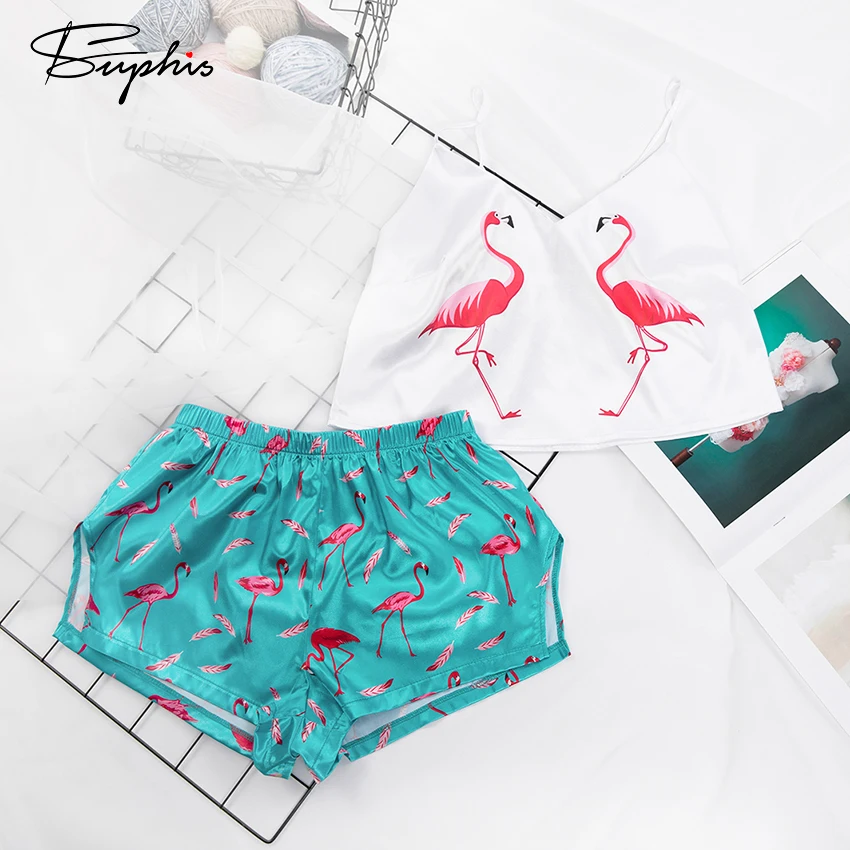 Suphis сексуальная Шелковая пижама с принтом фламинго женская летняя Пижама v