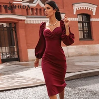 puff sleeve square collar backless dress 2021 autumn sexy solid slim feast mid calf party wedding evening pencil dresses women