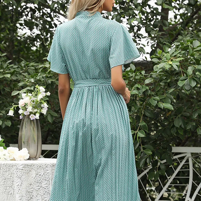 

Julypalette 2021 Summer Woman Green Dress Casual Loose A-line knee-length Fashion Flared Sleeves Lace-up Highwaist Woman Dress
