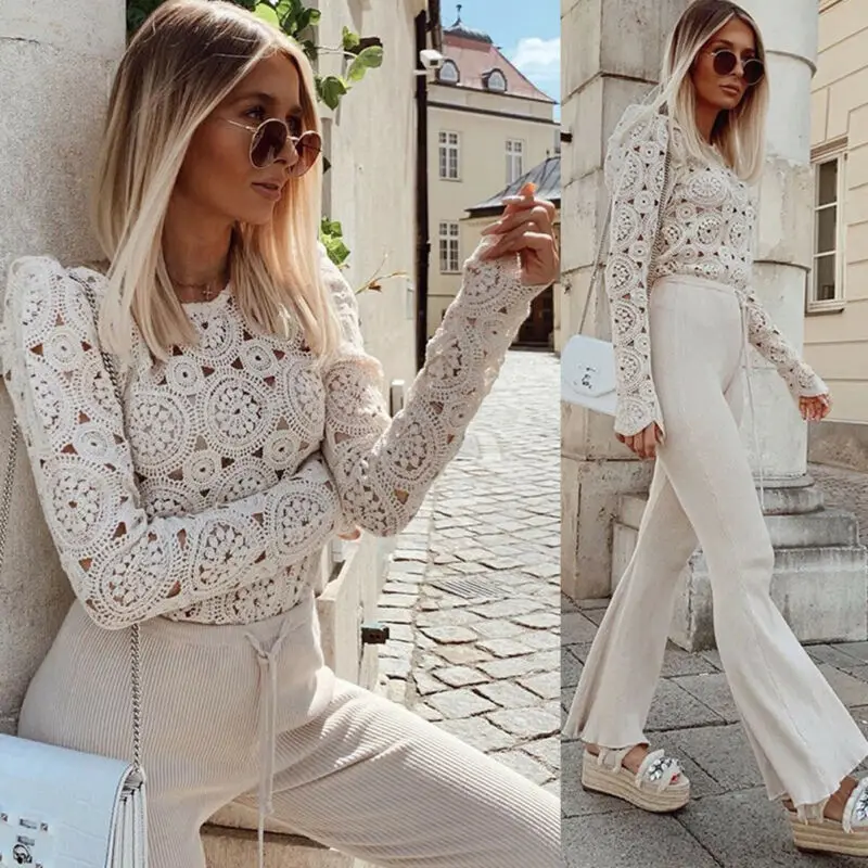 Бежевая блузка Женская кружевная крючком ажурная рубашка с длинным рукавом топы