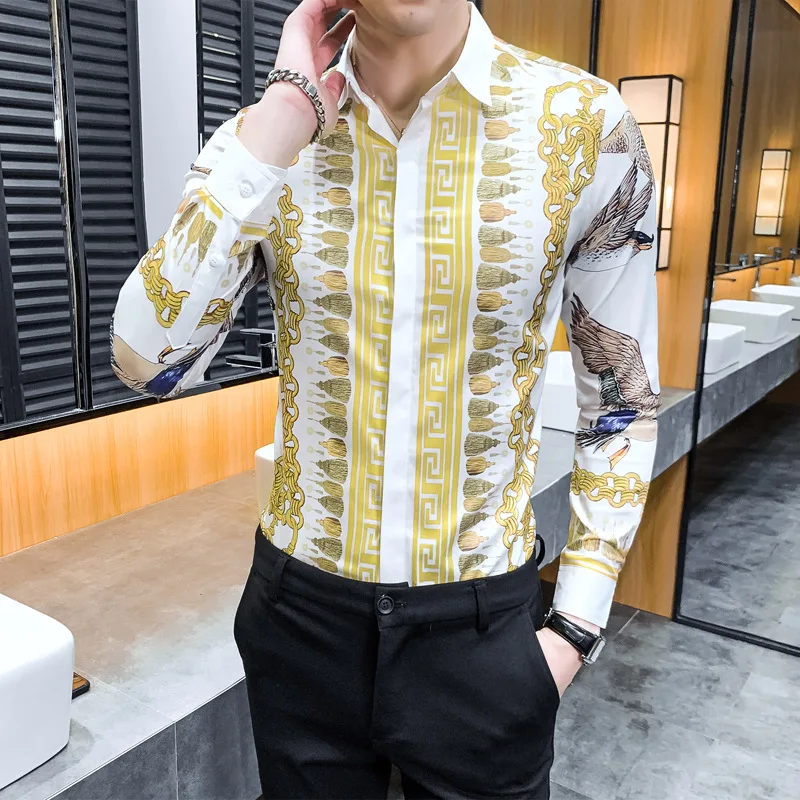 Мужская приталенная рубашка, белая винтажная рубашка в полоску, с длинными рукавами и этническим принтом, в гавайском стиле, весна 2019
