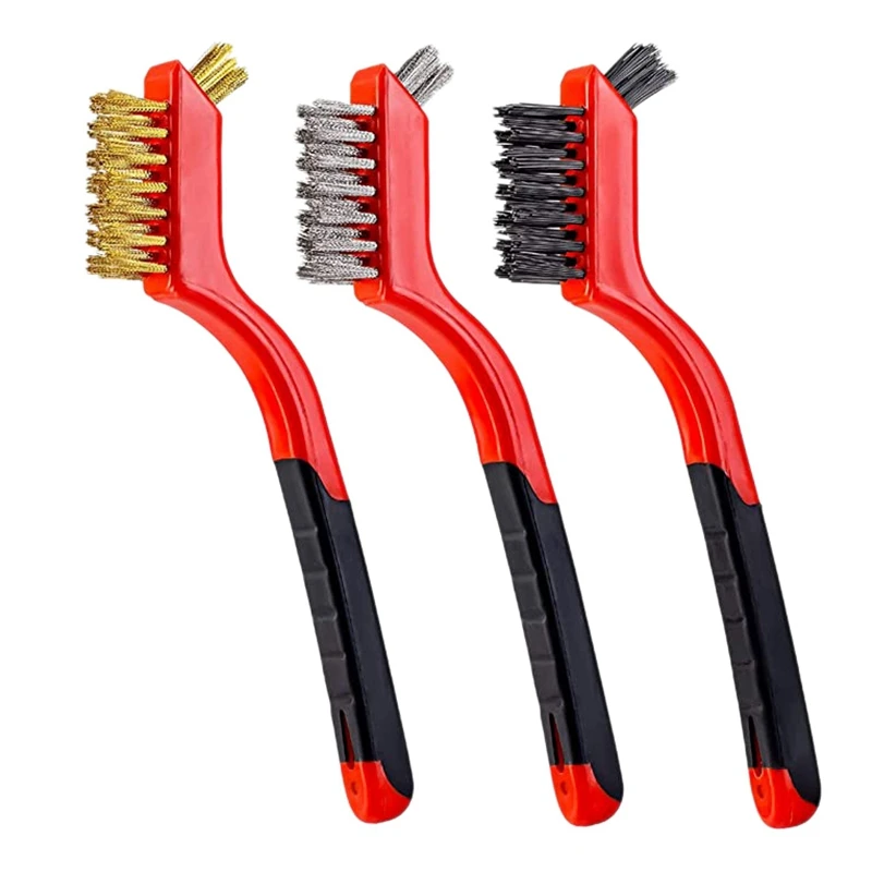 

3Pc 7 Inch Wire Brush Set - Nylon/Brass/Stainless Steel Bristles with Curved Handle Grip for Rust Dirt & Paint Scrubbing