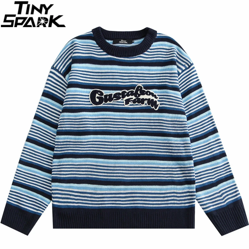 

Уличная одежда в стиле хип-хоп, вязаный свитер для мужчин, пушистый полосатый свитер с буквенным принтом Harajuku, хлопковый Повседневный пулов...