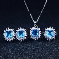 fashion 925 silver color pendant necklace inlay square zircon charm adjustable size ring exquisite earrings for women wedding