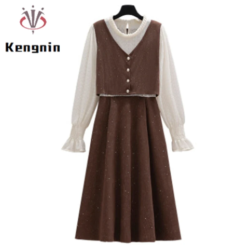 

Plus Size 4XL Women's Dress 2022 Spring Loose Corduroy Dress Patchwork Lady Party Dresses Female Robe with Belt Clothing KE1399