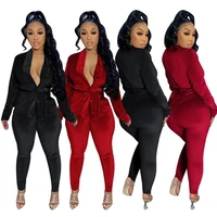 sexy women velvet two piece set deep v neck bandage shirt and long pants sportsuit matching suit tracksuit clothes for women