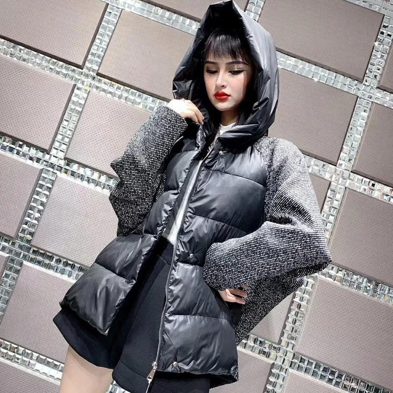 

Wool Patchwork Down Coat Women Winter Warm Outwear Hoodied 2021 Winter New White Duck Down Coats Female Fahsion Winter Jackets