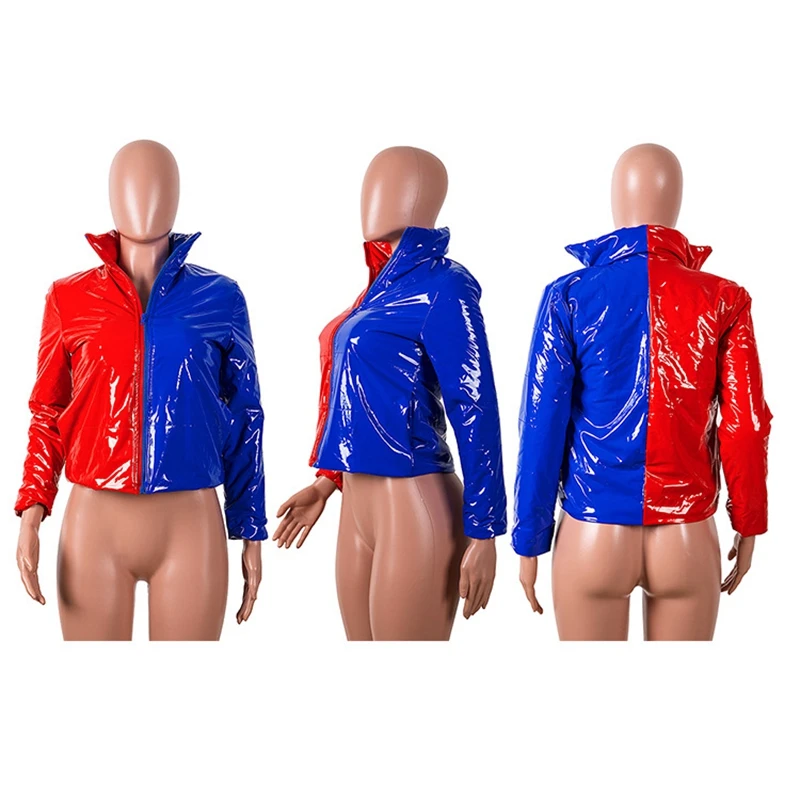 

ZKYZWX Sexy Plus Size Bright PU Faux Leather Bubble Coat Women Winter Clothes Waterproof Latex Crop Puffer Jacket Woman Parkas
