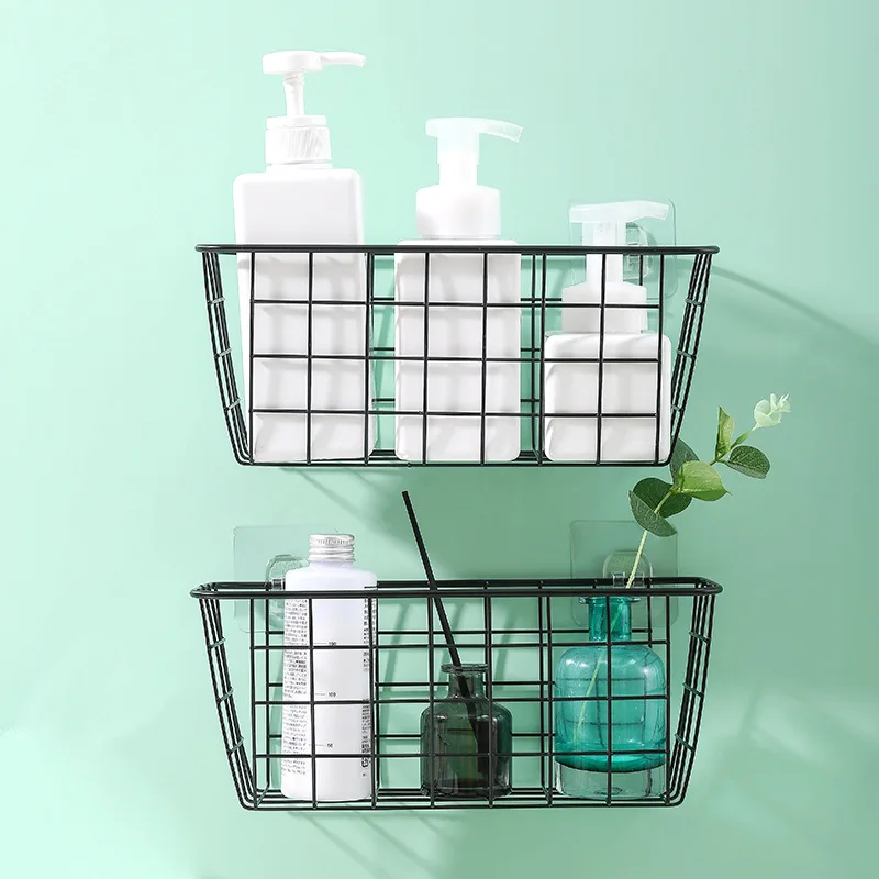 

2021 New Multifunctional Wrought Iron Kitchen Spice Hanging Basket Desktop Storage Basket Shelf Bathroom Rectangular Frame Wall