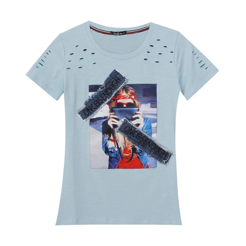

Korean Fashion Hole Plus Size Patch Cotton T-Shirts Women Hollow Out Short Sleeve Casual Slim Tops Tee Female Vogue Streetwear