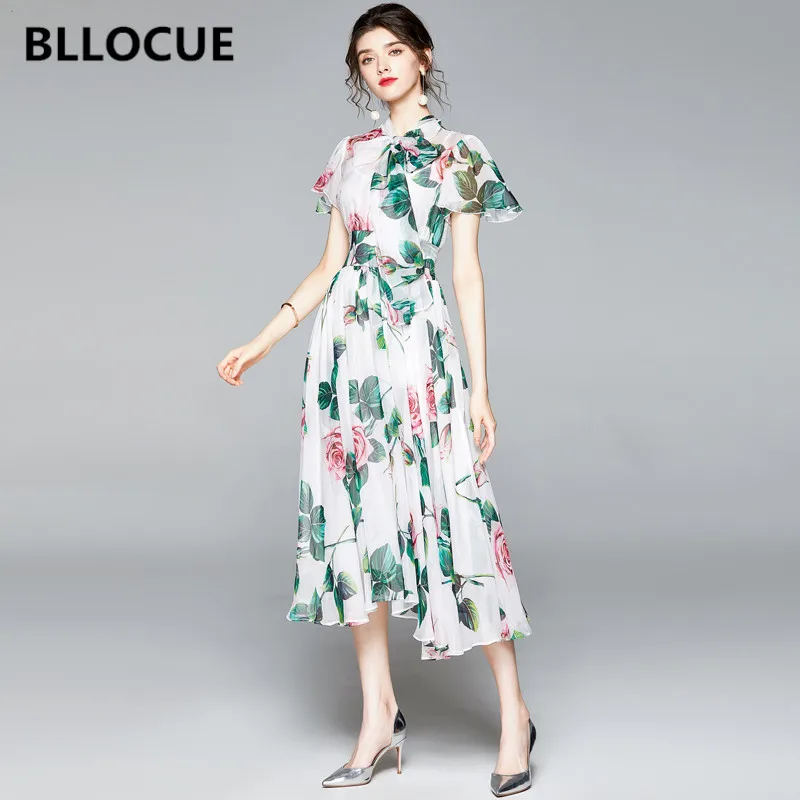 

Женское шифоновое платье BLLOCUE, подиумное облегающее длинное платье с бантом на воротнике, коротким рукавом и принтом розы, лето 2020