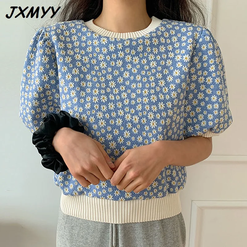 

Chic spring and autumn western style round neck pullover loose puff sleeve full screen small daisy knitted wool top women JXMYY