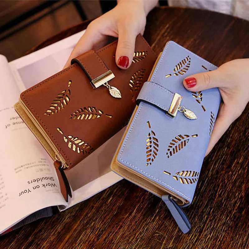 

Women Wallets PU Leather Purse Female Long Wallet Gold Hollow Leaves Pouch Handbag For Women Coin Purse Card Holders Clutch