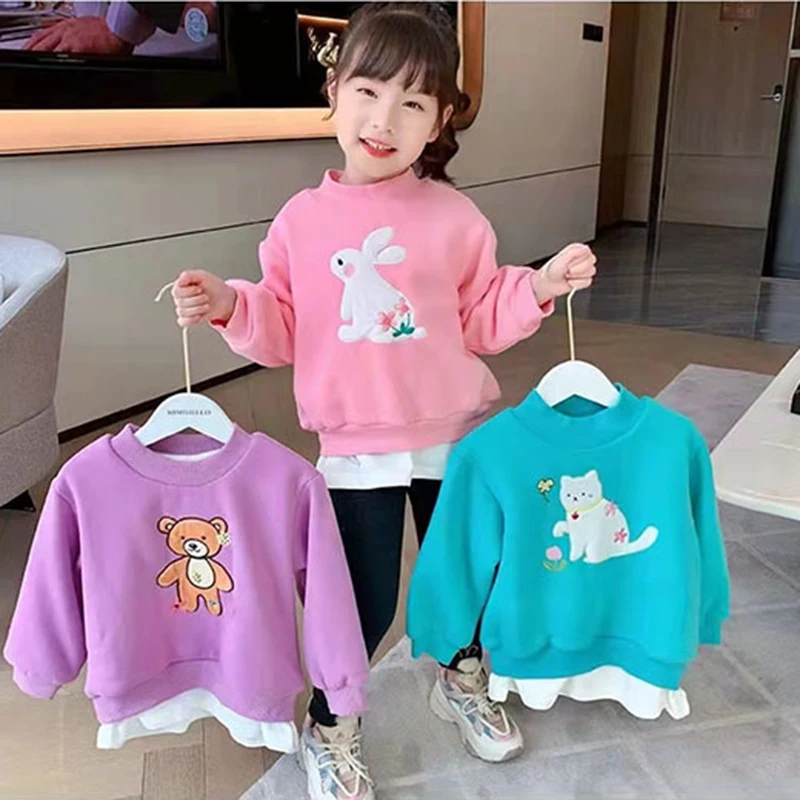 

Пушистый свитер для девочек, футболка, Осень-зима, теплая Милая Однотонная рубашка с мультяшным рисунком, Детская универсальная одежда