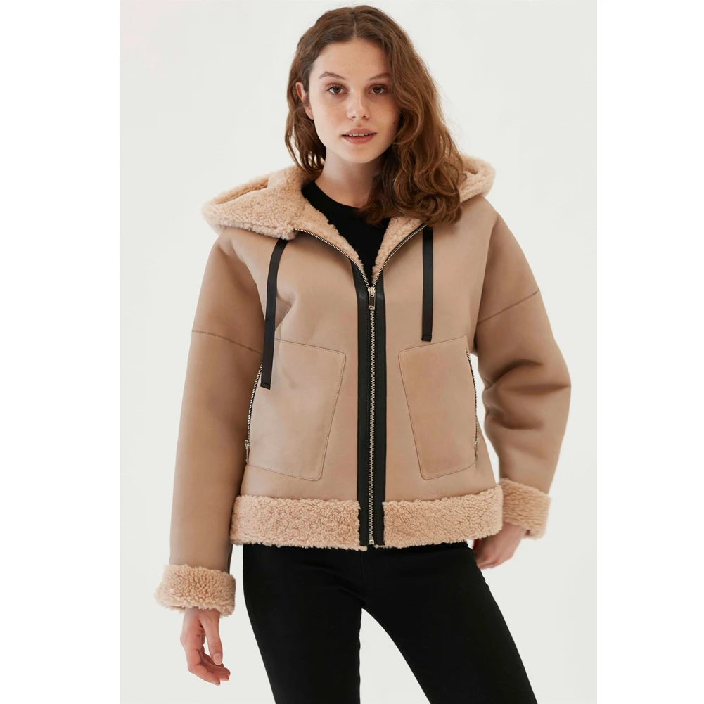 Womens Shearling Jacket Turkey Sheepskin Coat Hooded Leather Jacket Short Fur Coat Warmest Winter Coats