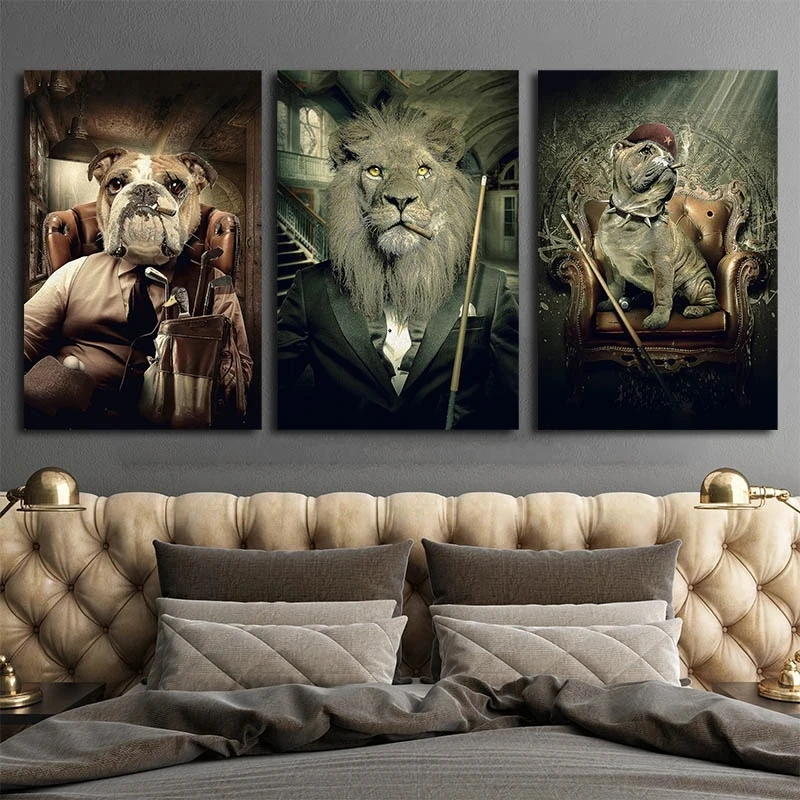 

Gentle Animals Playing Billiards Canvas Paintings on The Wall Art Posters and Prints Dog Lion In A Suit Wall Cuadros Home Decor