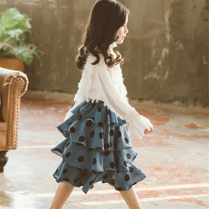 Модная детская одежда топ с бахромой для девочек рубашка + юбка в горошек