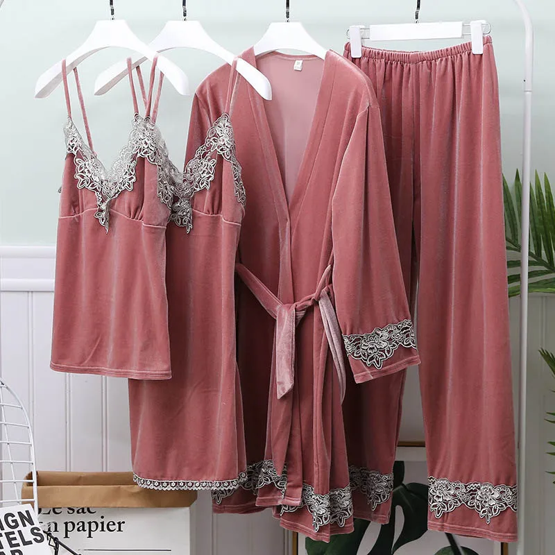 pink Золотой бархат теплые на зиму пижамы для женщин 4 шт. домашний сервис кружевная пижама набор длинный рукав Халат Костюм Женское ночное белье - Цвет: pink