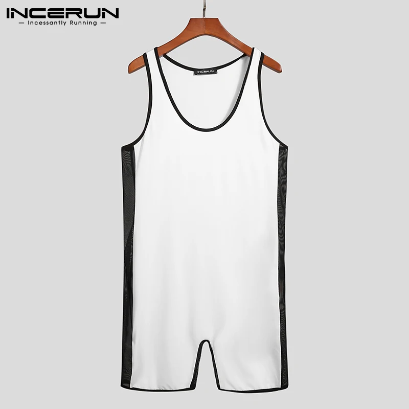 

Men Pajamas Rompers Patchwork Homewear O Neck Sleeveless Jumpsuits Fitness Cozy 2021 Summer Men Nightwear Playsuit S-5XL INCERUN