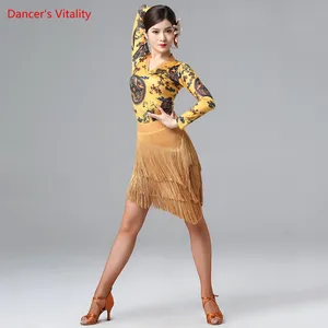 Женский топ с длинными рукавами и бахромой для латиноамериканских танцев