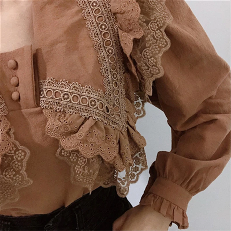 

Korean Retro Peter Pan Collar White Loose Streight Shirts Ladies Lace Hollow Ruffle Patchwork Blouses Female Chic Sweet Cute