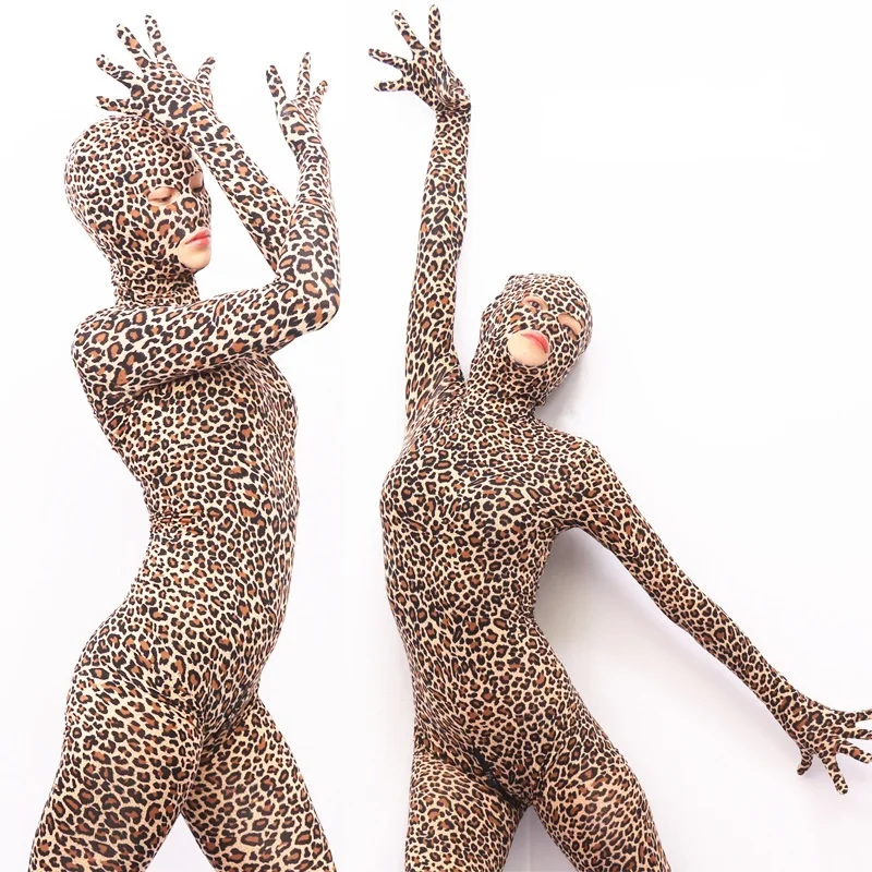 Leopard Print Shapewear Full Coat Appeal Clothing Cosplay One Piece Tight Zentai Zip Open Crotch Bodysuit Catsuit Stage Costumes